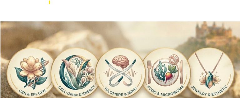 Five round wellness icons left to right: Gen & Epigen, Cell Detox & Energy, Telomere & Mind, Food & Microbiome, Jewelry & Aesthetic.