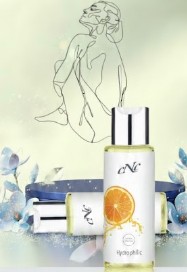 Skincare set showing a tall lemon-infused oil bottle and two jars with blue lids, arranged on a pale background with a line-drawn figure of a seated woman.